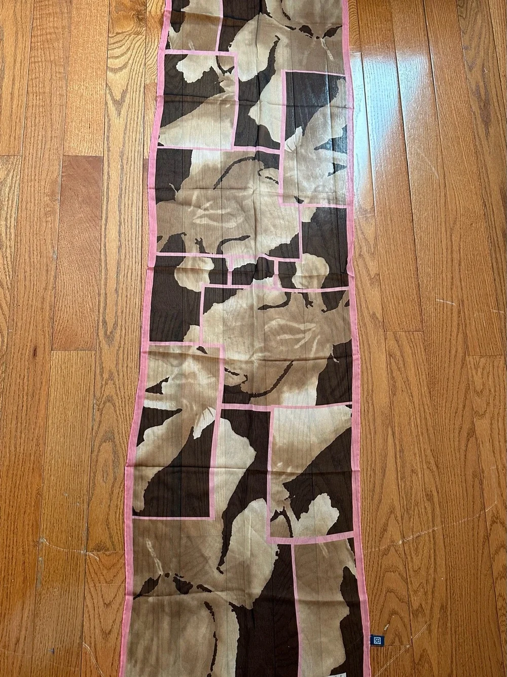 Baletra Vintage 100% Silk Long Scarf Brown Beige Pink Floral Abstract 63” x 17”